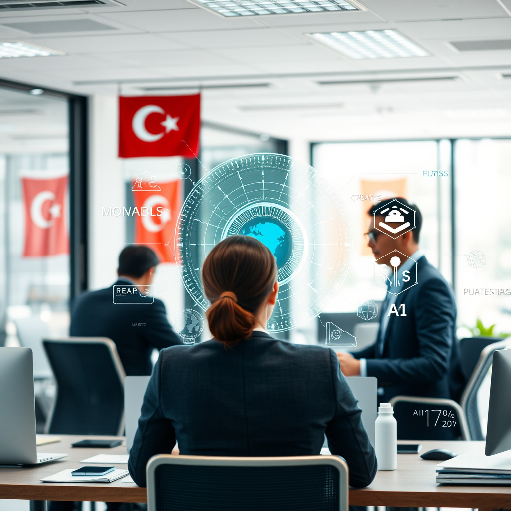 Modern ofis ortamında çalışan profesyoneller, holografik AI arayüzleri ve motivasyon grafikleri ile etkileşim halinde, Türkiye bayrakları ve teknoloji sembolleri arka planda