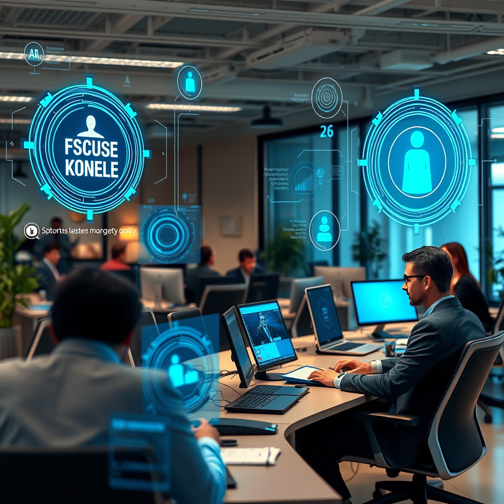 Modern ofis ortamında çalışan profesyoneller, holografik AI arayüzleri ve motivasyon grafikleri ile çevrili, Türkiye'deki iş dünyasını temsil eden teknolojik atmosfer