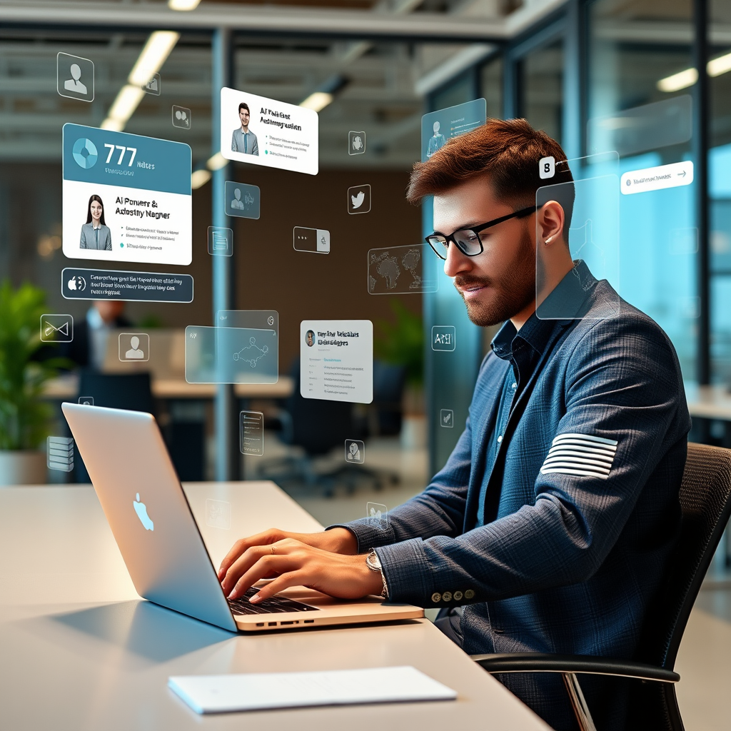 Modern ofis ortamında laptop başında çalışan profesyonel, etrafında dijital bildirimler ve AI destekli verimlilik uygulamaları görselleri