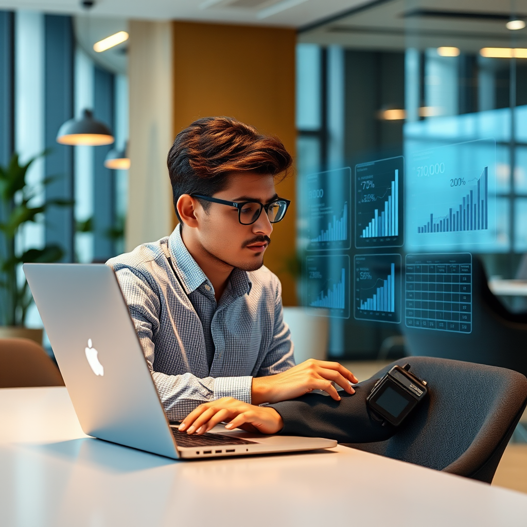 Modern ofis ortamında laptop başında çalışan genç Türk profesyonel, ekranda yapay zeka arayüzü ve kişisel gelişim grafikleri görünüyor