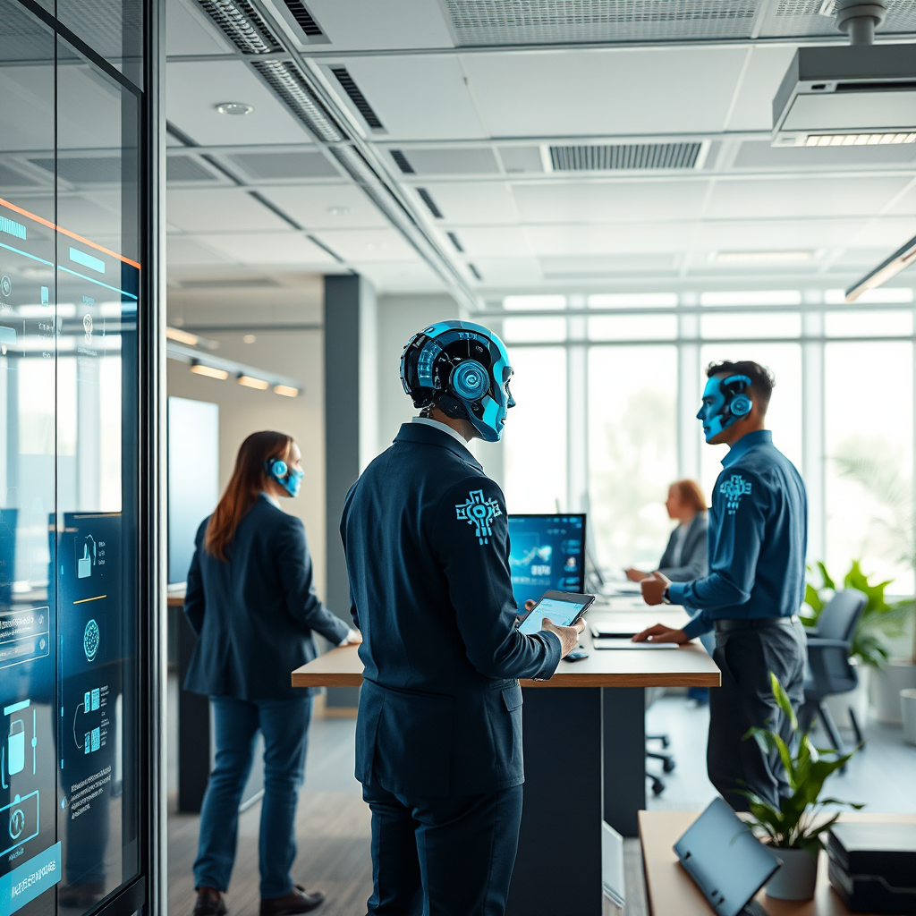 Modern ofis ortamında çalışanların yapay zeka teknolojileri ile etkileşim halinde olduğu, büyük ekranlar ve dijital arayüzlerle donatılmış iş ortamı