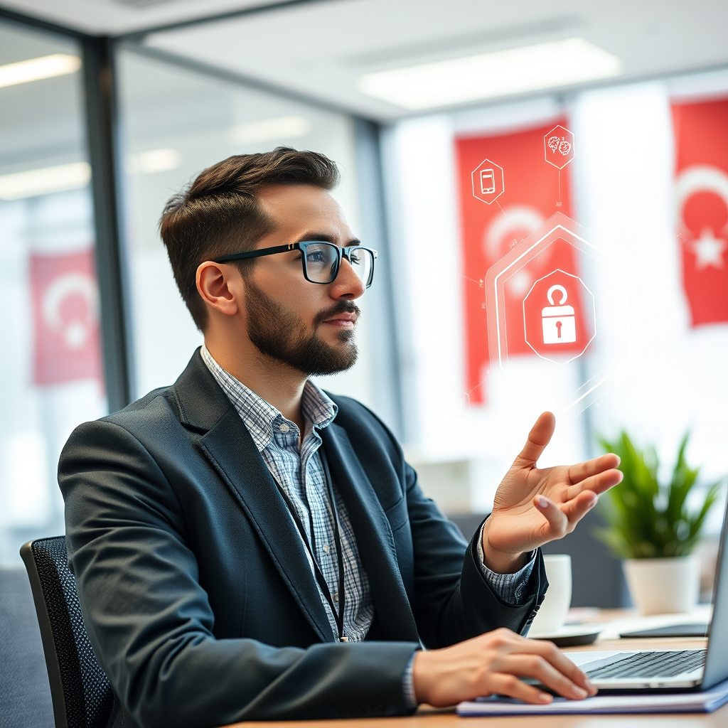 Yapay zeka destekli motivasyon teknikleri ile çalışan bir profesyonel, modern ofis ortamında AI araçlarını kullanarak iş performansını artırıyor, Türkiye bayrakları ve teknoloji sembolleri arka planda