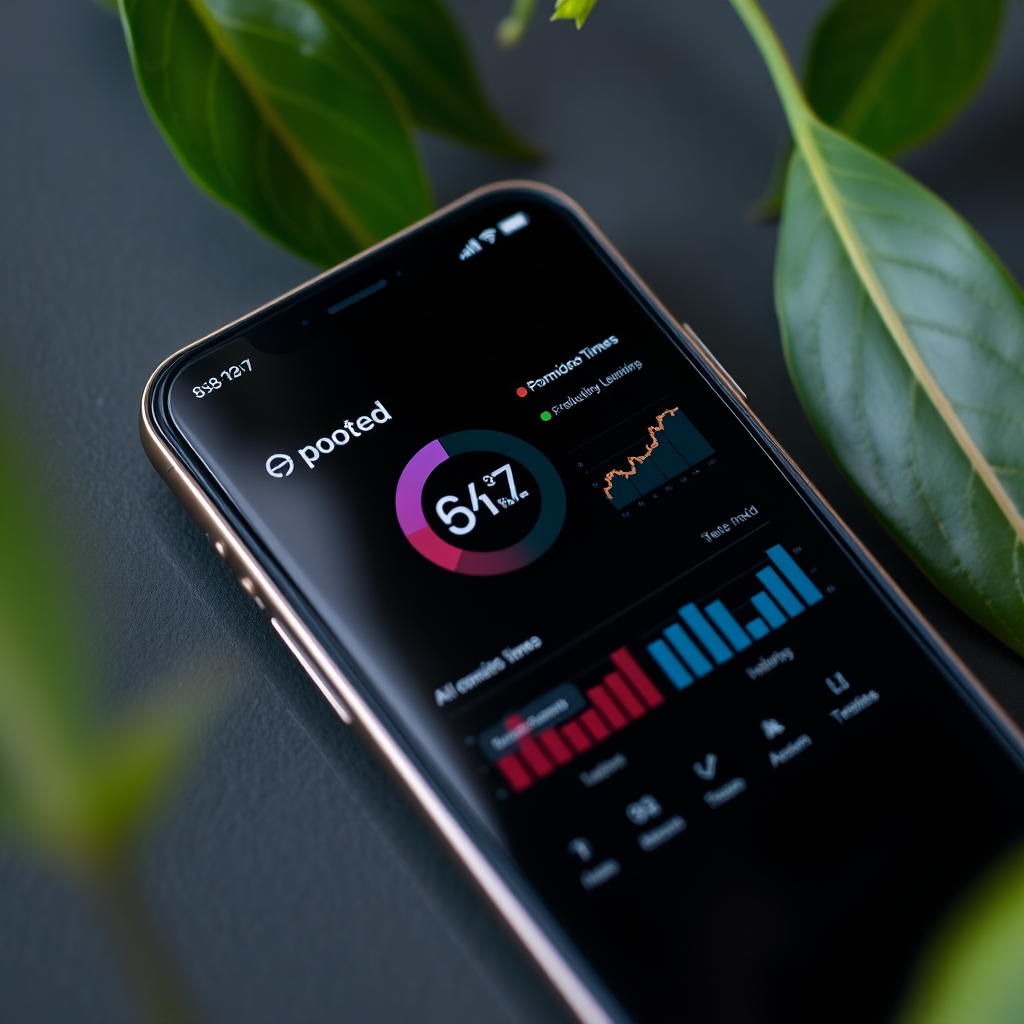 Akıllı telefon ekranında AI destekli odaklanma uygulaması arayüzü, pomodoro timer ve verimlilik grafikleri