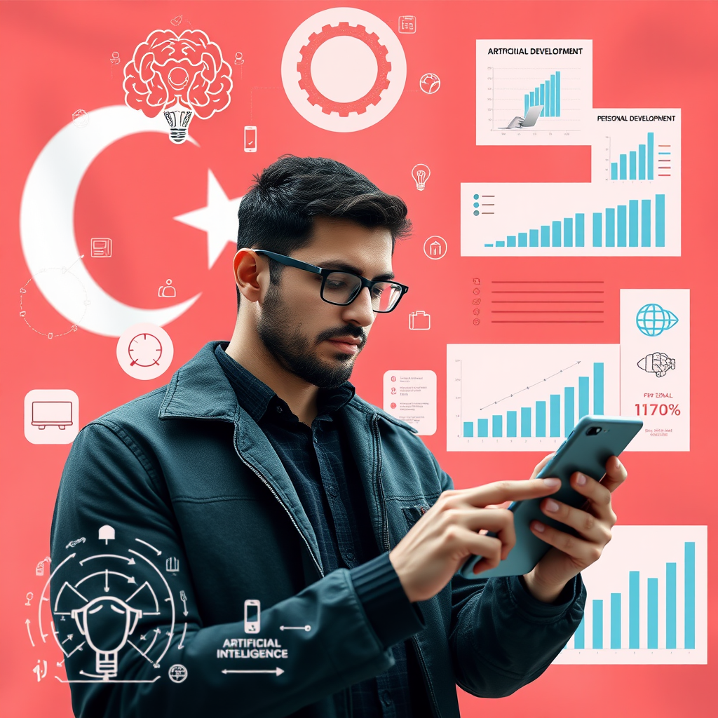 Türk bayrağı arka planında, yapay zeka sembolleri ve kişisel gelişim grafikleri ile çevrili modern teknoloji kullanıcısı, tablet ve akıllı telefon ile etkileşim halinde