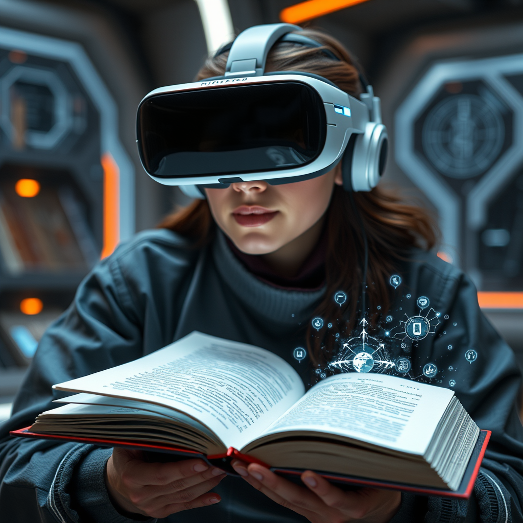 Gelecekteki kitap okuma teknolojileri, sanal gerçeklik gözlükleri ile kitap okuma, holografik kitap sayfaları, AI asistan ile etkileşim ve immersive okuma deneyimi gösteren futuristik sahne