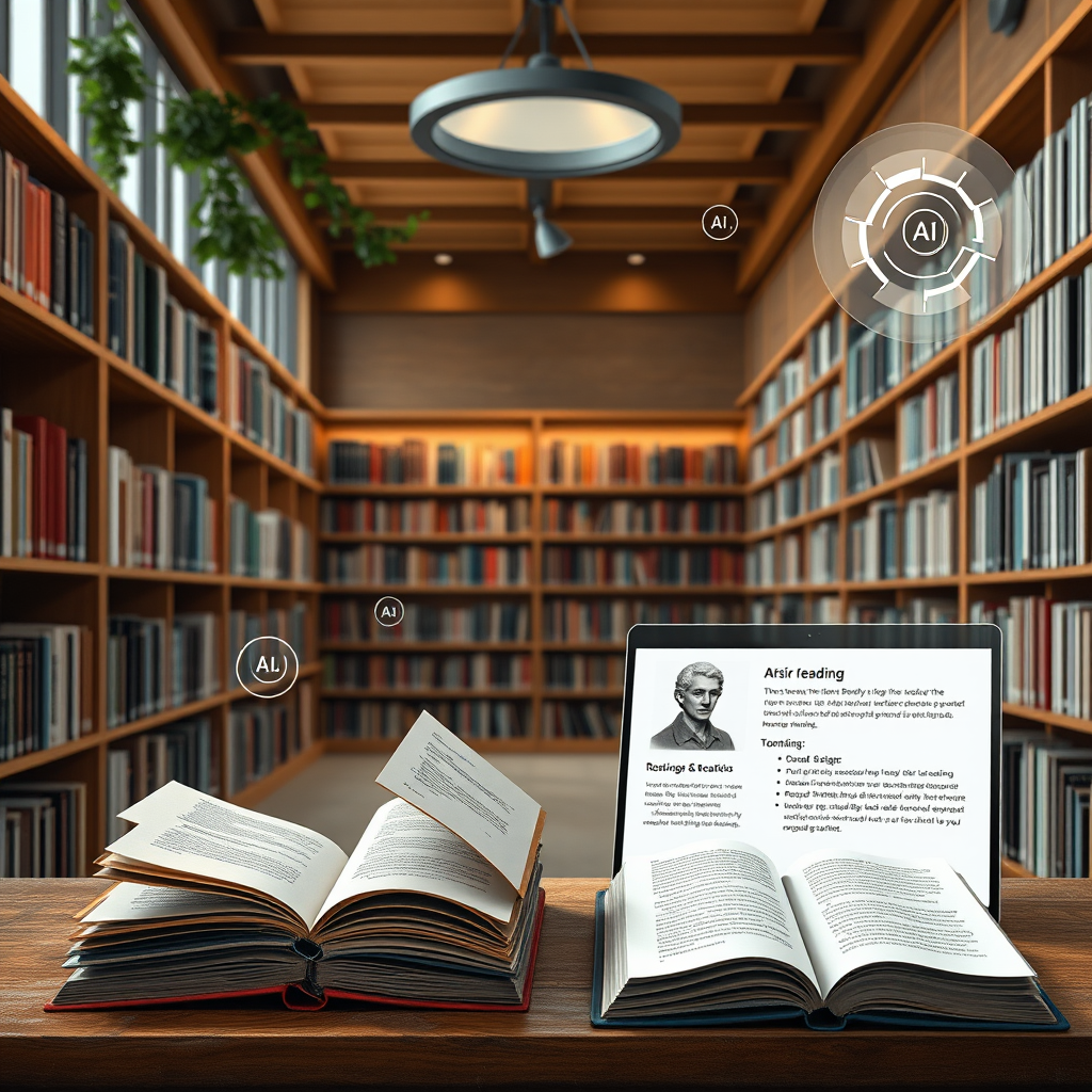 Geleneksel kitaplardan dijital ekranlara dönüşüm gösteren görsel, AI algoritma sembolleri ve kişiselleştirilmiş okuma önerileri ile modern kütüphane ortamı