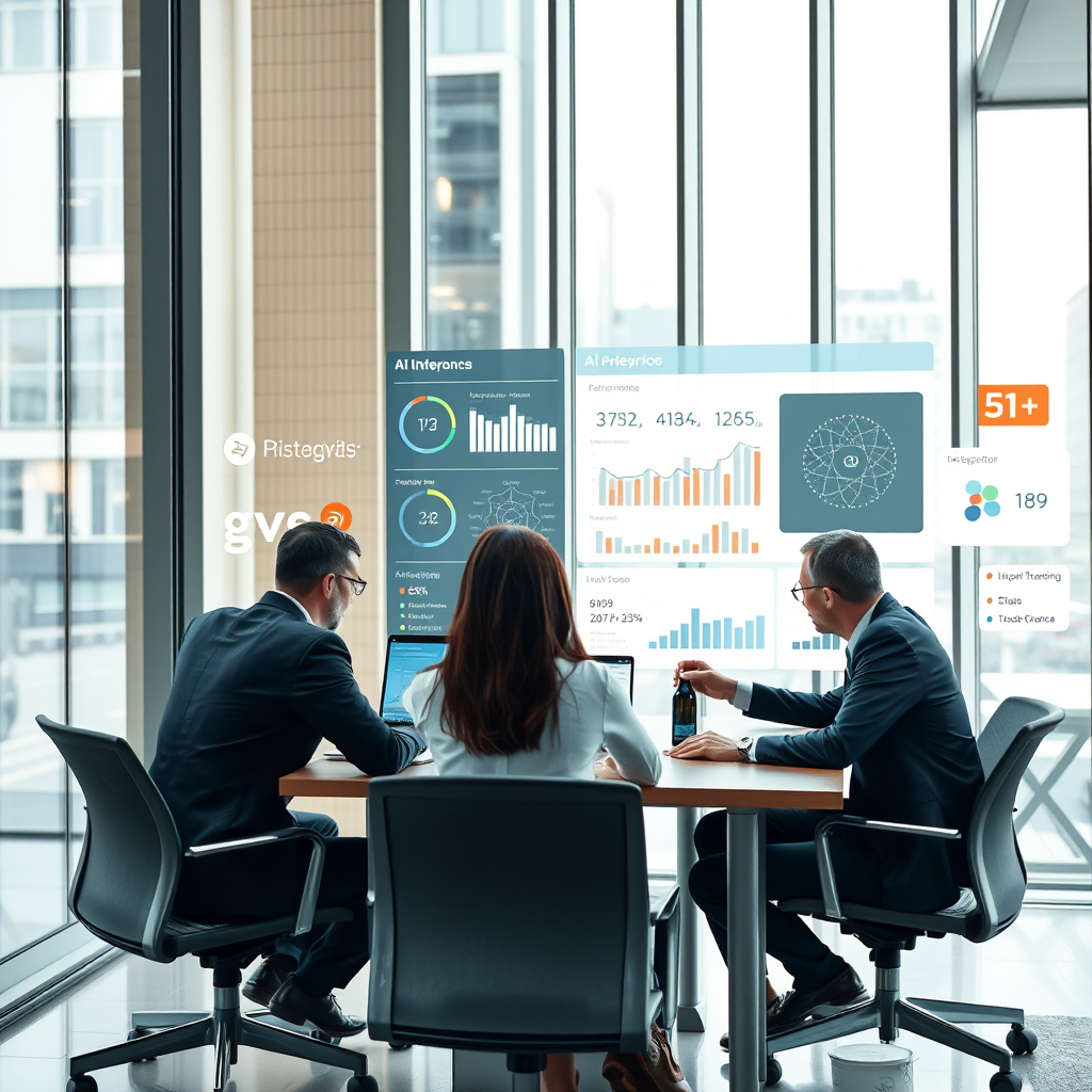Türkiye'deki modern ofis binalarında çalışan takımlar, AI dashboard'ları ve performans metrikleri ile etkileşim halinde, şirket logoları ve teknoloji entegrasyonu görselleri